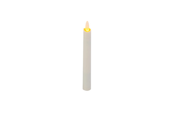 Świeca obiadowa LED DORSETTO 197 mm – biała świeca z żółtą diodą LED w kształcie płomienia na białym tle