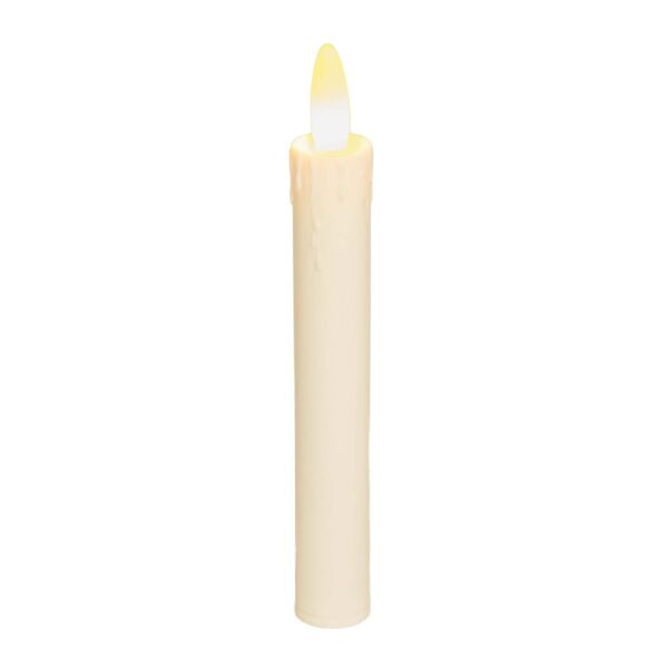 Pojedyncza ładowalna LED świeca stołowa DORSETTO 150 mm w kolorze kremowym, z żółto-pomarańczowym płomieniem LED, gładką powierzchnią i subtelnymi detalami imitującymi wosk, na białym tle.
