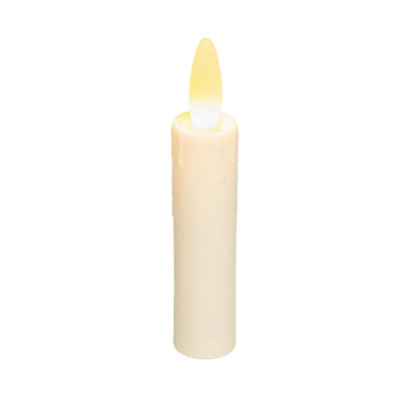 Ładowalna LED świeca stołowa DORSETTO 97 mm w kolorze kremowym, z żółto-pomarańczowym płomieniem LED, ustawiona pionowo na białym tle.
